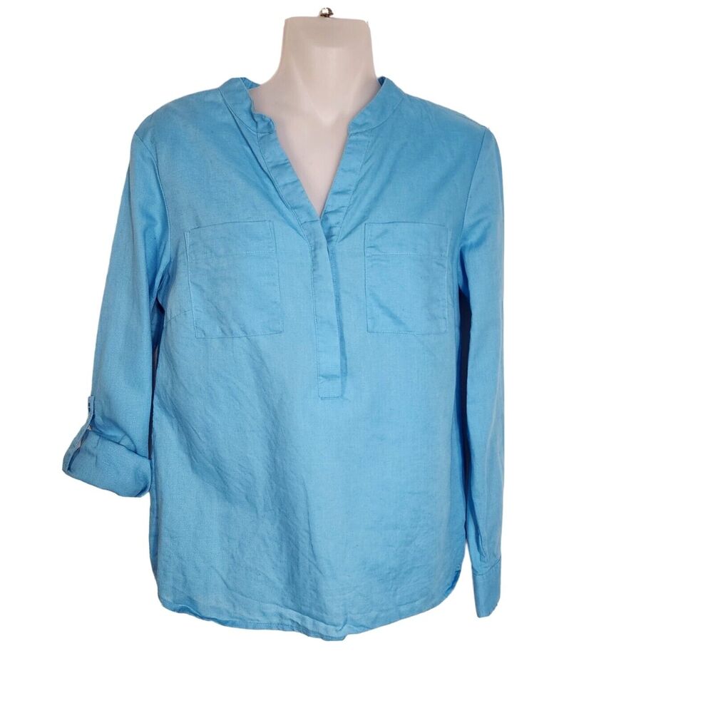 Talbots Petite Womens Top Size P Linen Blend V Neck Popover Long Roll Tab Sleeve